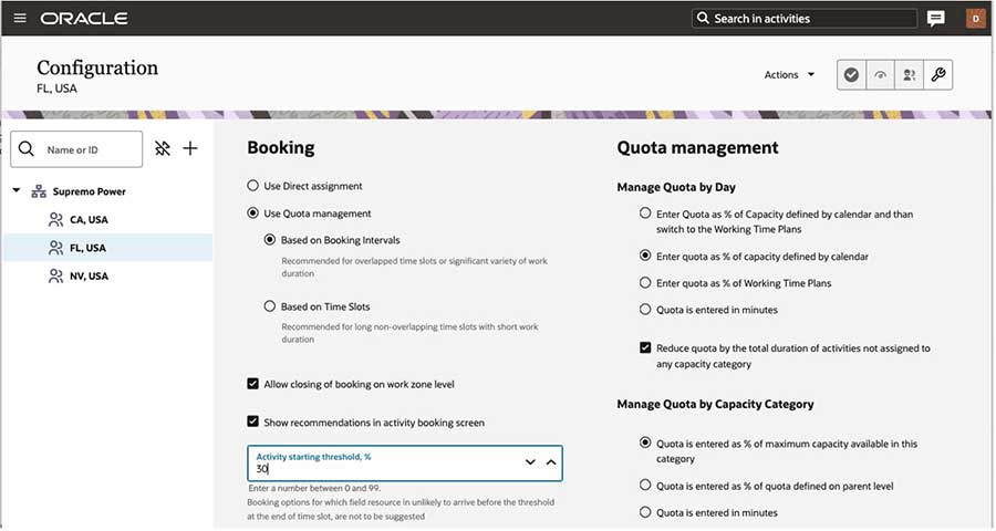 Oracle Field Service (OFS) - Configuration screen